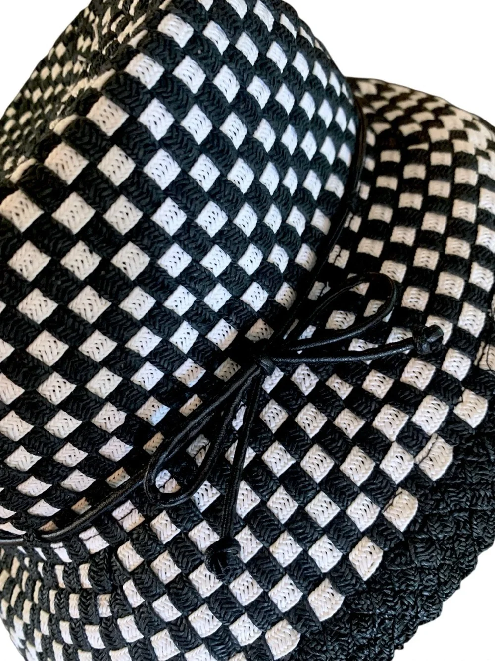 Nine West Black & White Checkerboard Woven Bucket Hat Bow Wide Brim